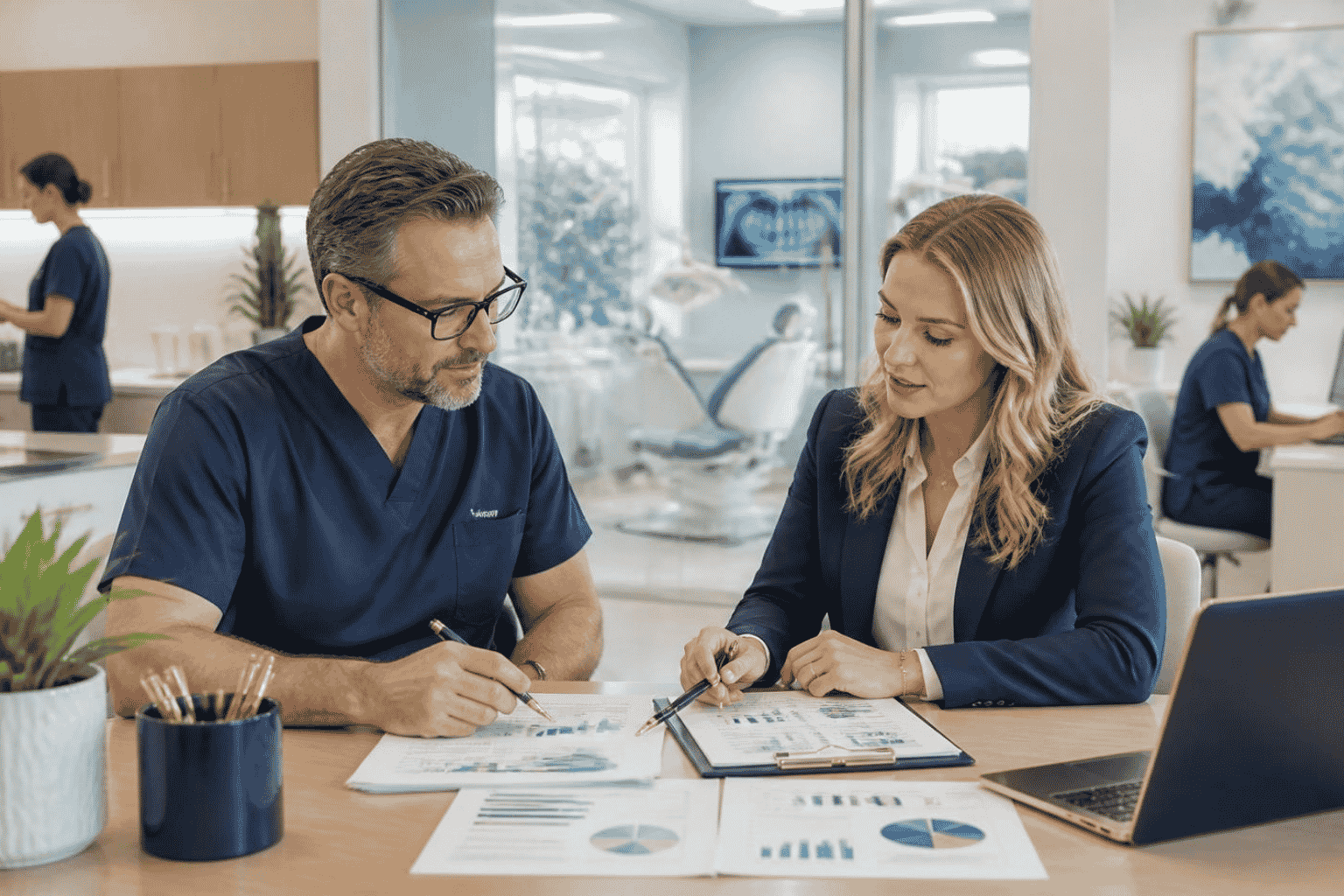 Medical practice owner reviewing working capital financing for payroll supplies and growth