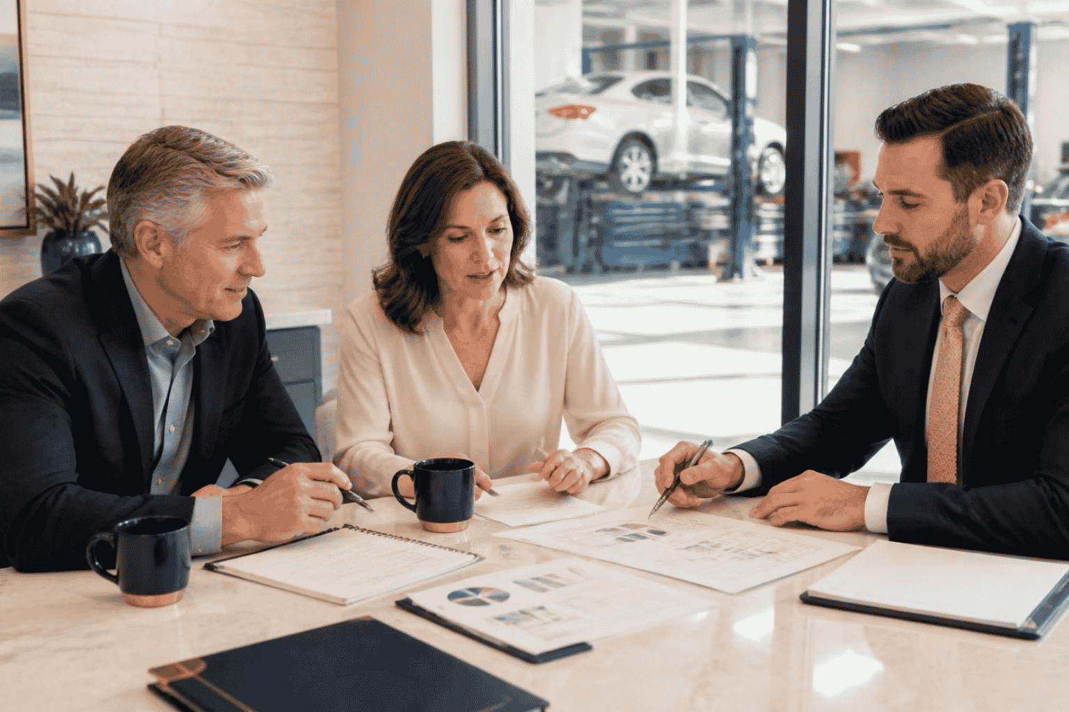 Business partners reviewing financing for an ownership buyout and transition
