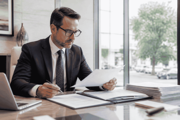 Business owner and attorney reviewing a personal guarantee in financing documents before signing