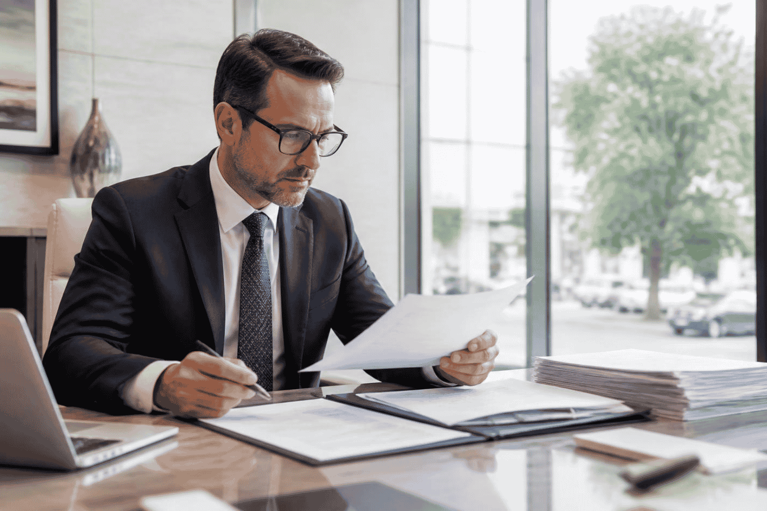 Business owner and attorney reviewing a personal guarantee in financing documents before signing