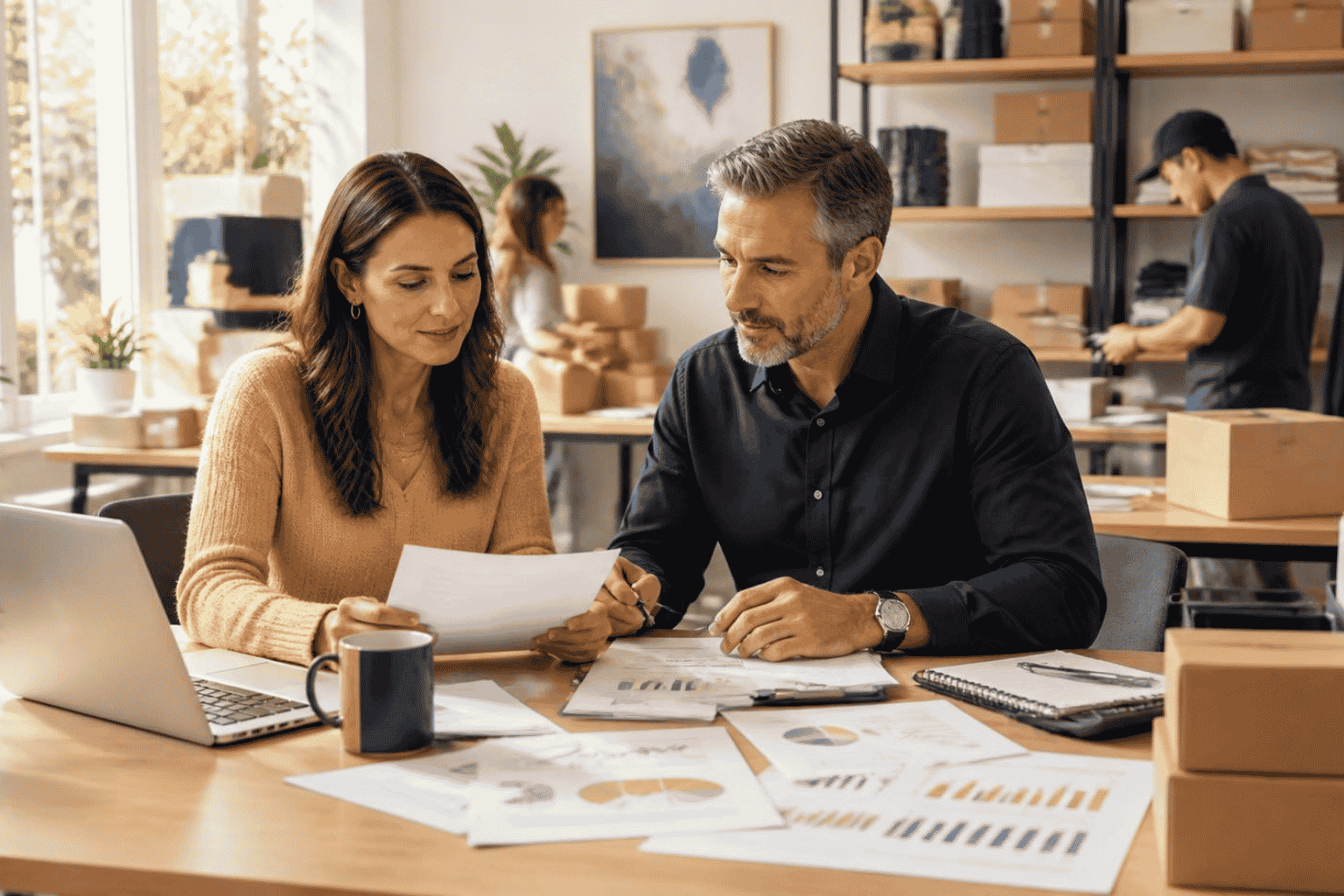 Retail business owner reviewing working capital financing for inventory purchases