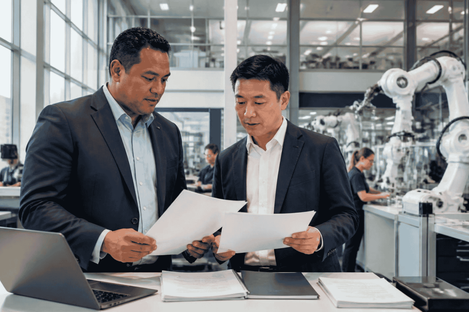 Business owner reviewing financing for robotics and advanced technology equipment