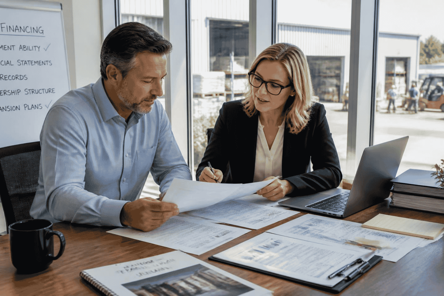 Business owner reviewing SBA 7a loan qualification factors and financial documentation