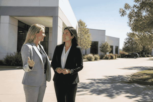 Business owner and broker evaluating whether to sell commercial real estate with a business