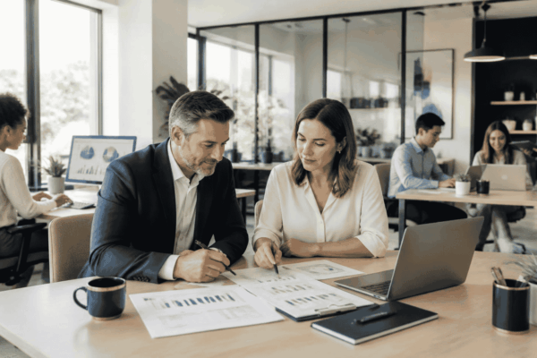 Growing business owner reviewing working capital financing while expanding the workforce