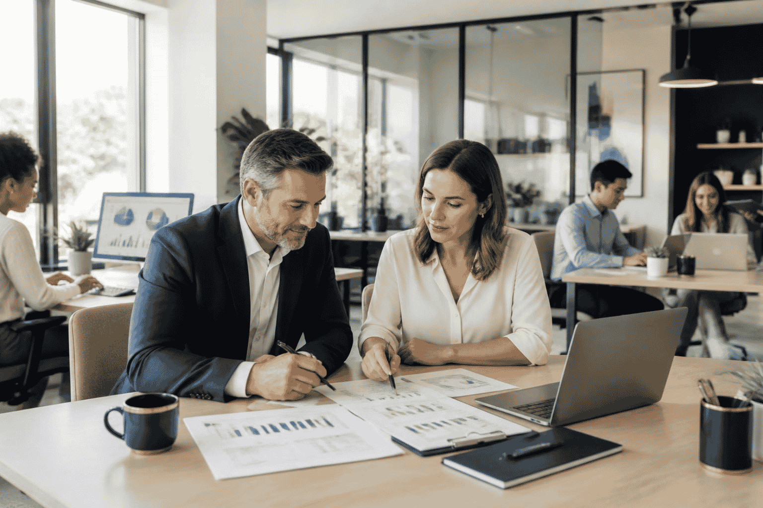 Growing business owner reviewing working capital financing while expanding the workforce
