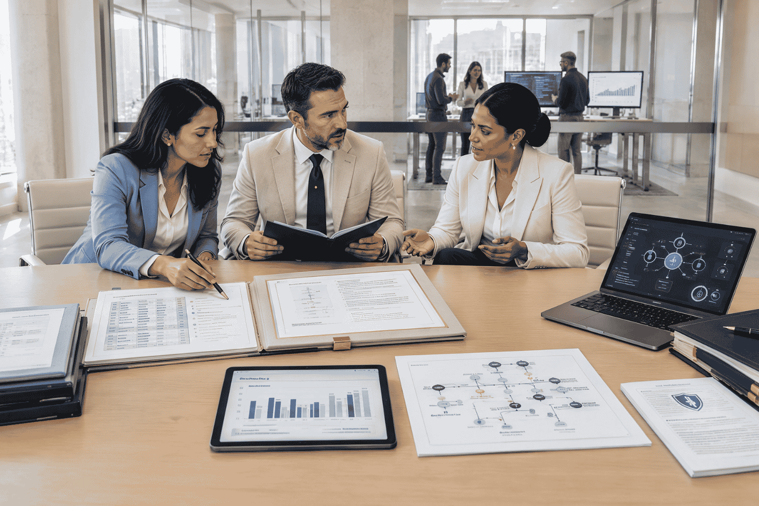 Business buyer seller and attorney reviewing AI due diligence before an acquisition