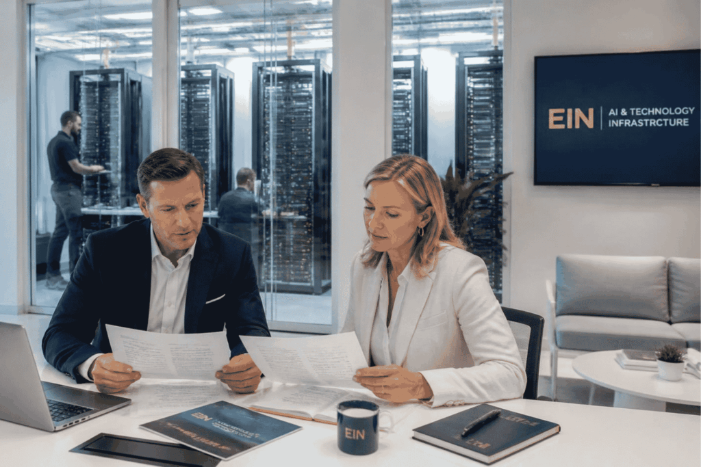 Business owner reviewing financing for AI servers GPU systems and automation equipment