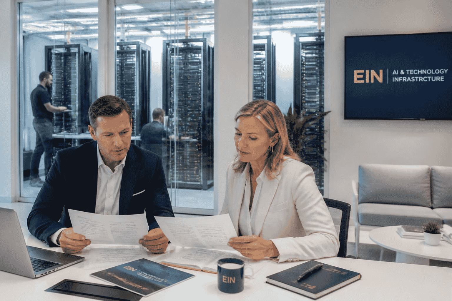 Business owner reviewing financing for AI servers GPU systems and automation equipment