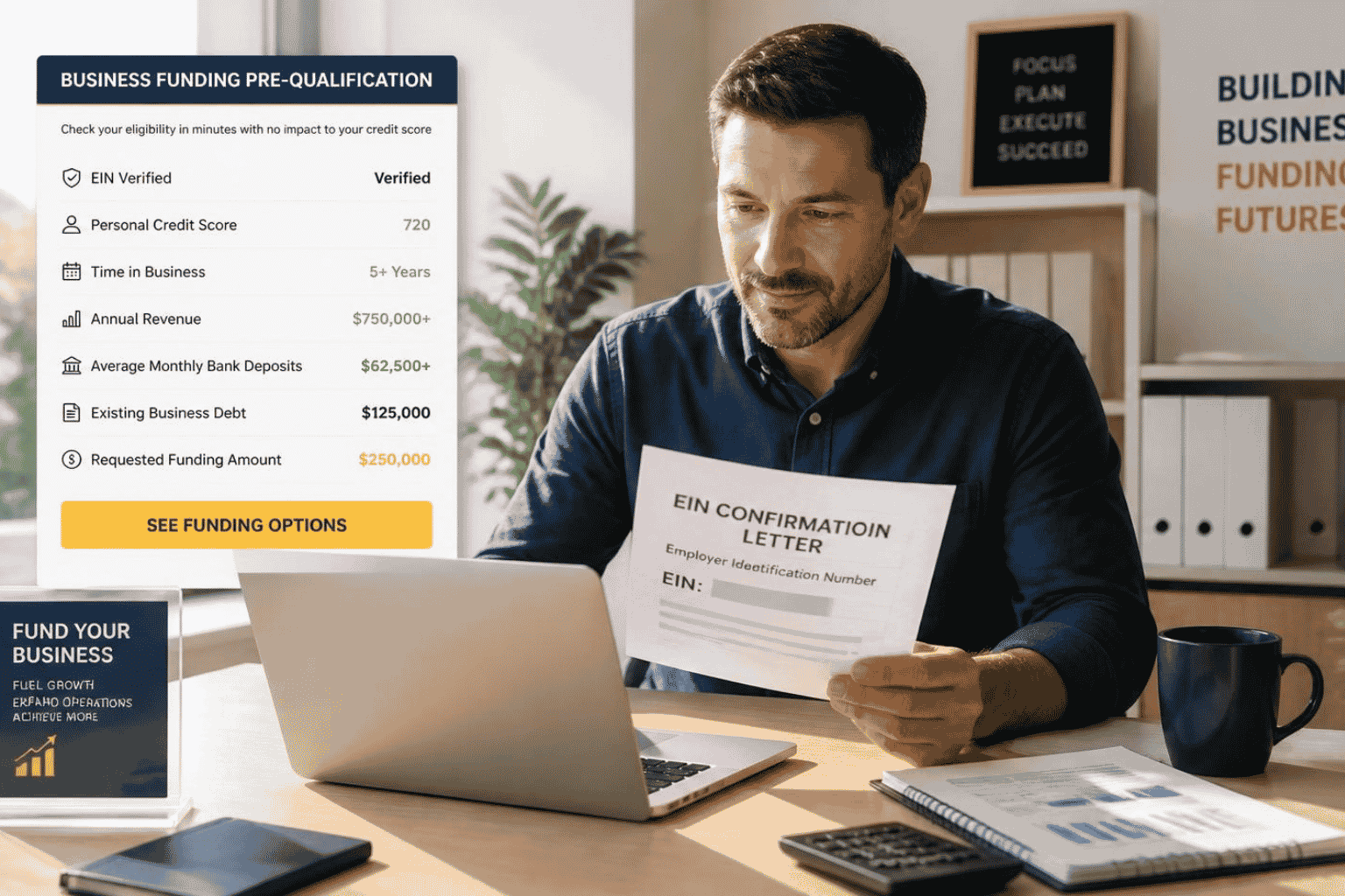 Business owner preparing EIN credit revenue banking and debt information for a loan application