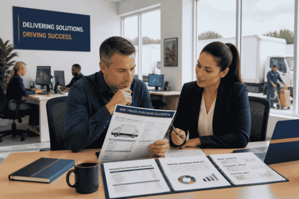 Business owner reviewing financing for a commercial box truck