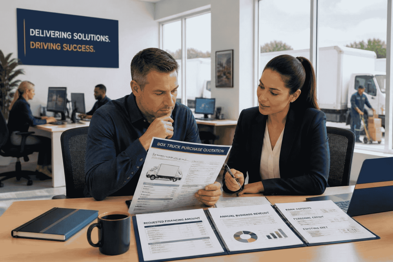 Business owner reviewing financing for a commercial box truck