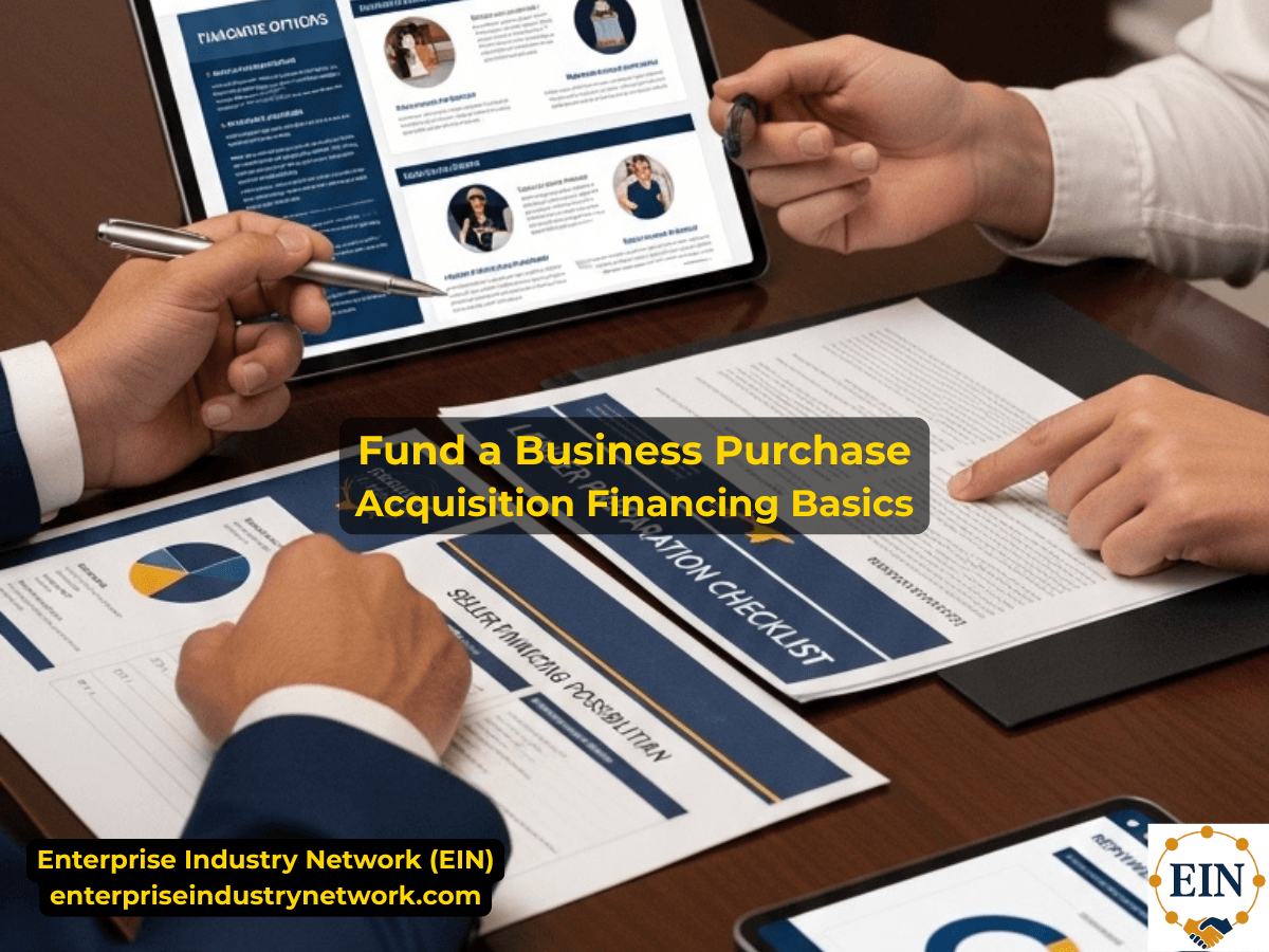 Business acquisition financing for buying an existing business, including buyer equity, bank financing, seller financing, working capital, and deal structure.
