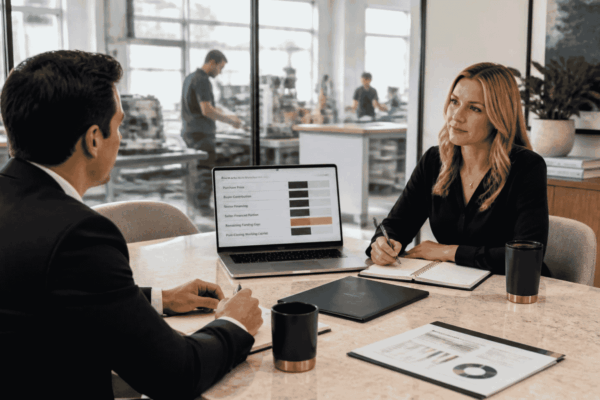 Business buyer reviewing an acquisition financing gap between purchase price contribution and available funding