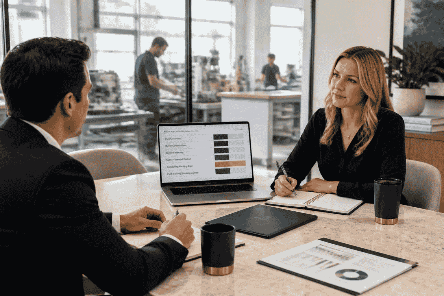 Business buyer reviewing an acquisition financing gap between purchase price contribution and available funding