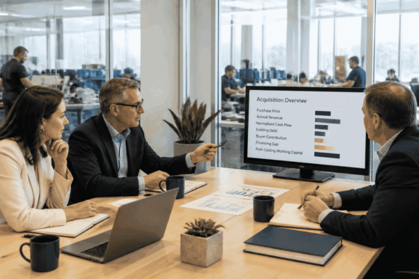 Business buyer reviewing due diligence numbers before contacting acquisition financing lenders