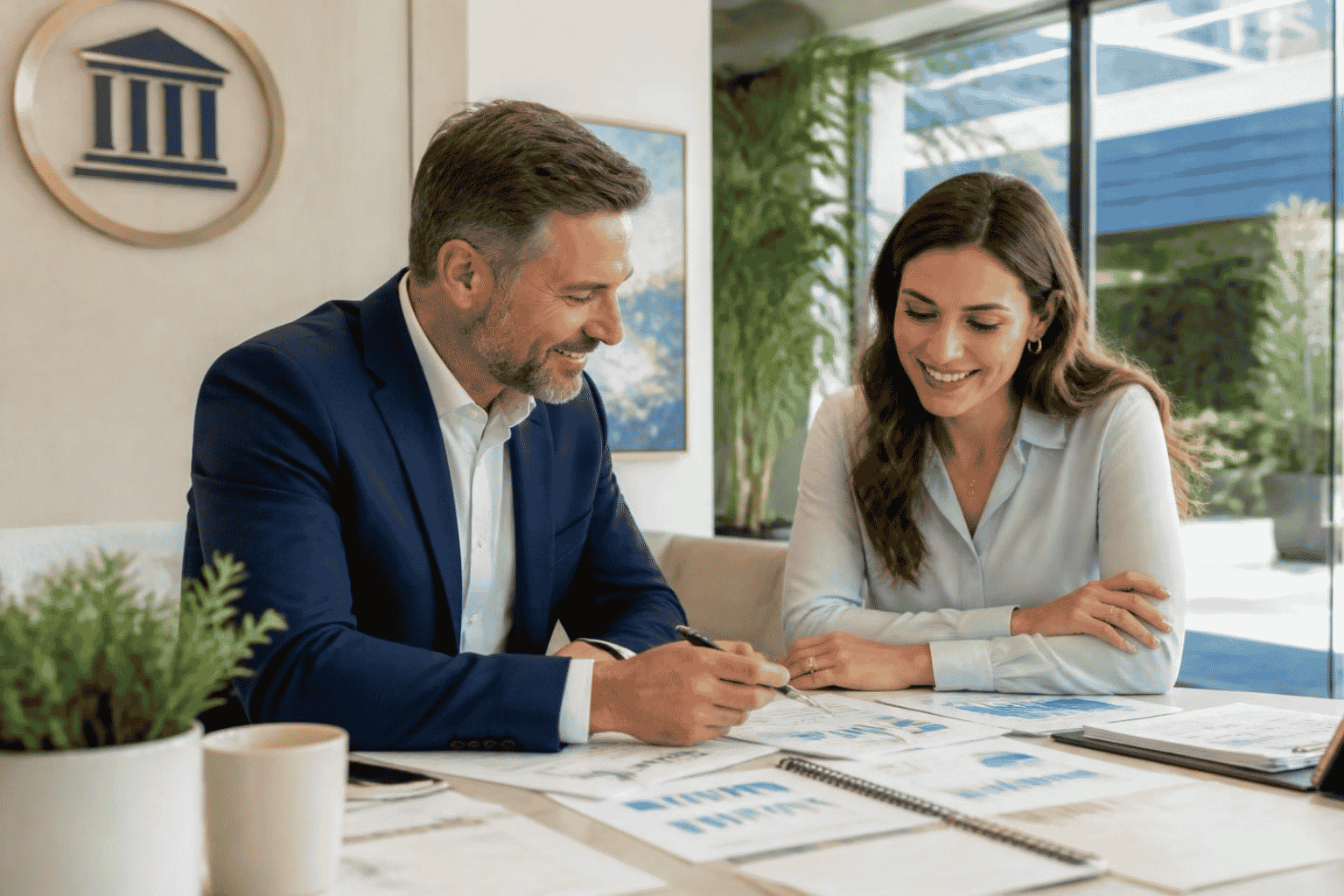 Business owner and funding advisor reviewing six months of business bank statements