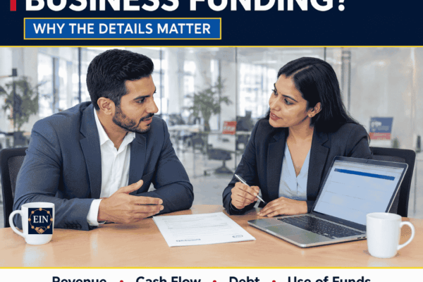 EIN Business Funding graphic explaining why business financing applications may ask about revenue, cash flow, existing debt and use of funds.