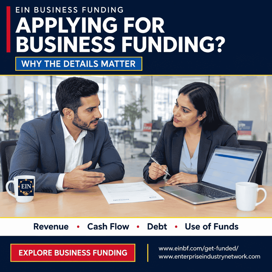 EIN Business Funding graphic explaining why business financing applications may ask about revenue, cash flow, existing debt and use of funds.
