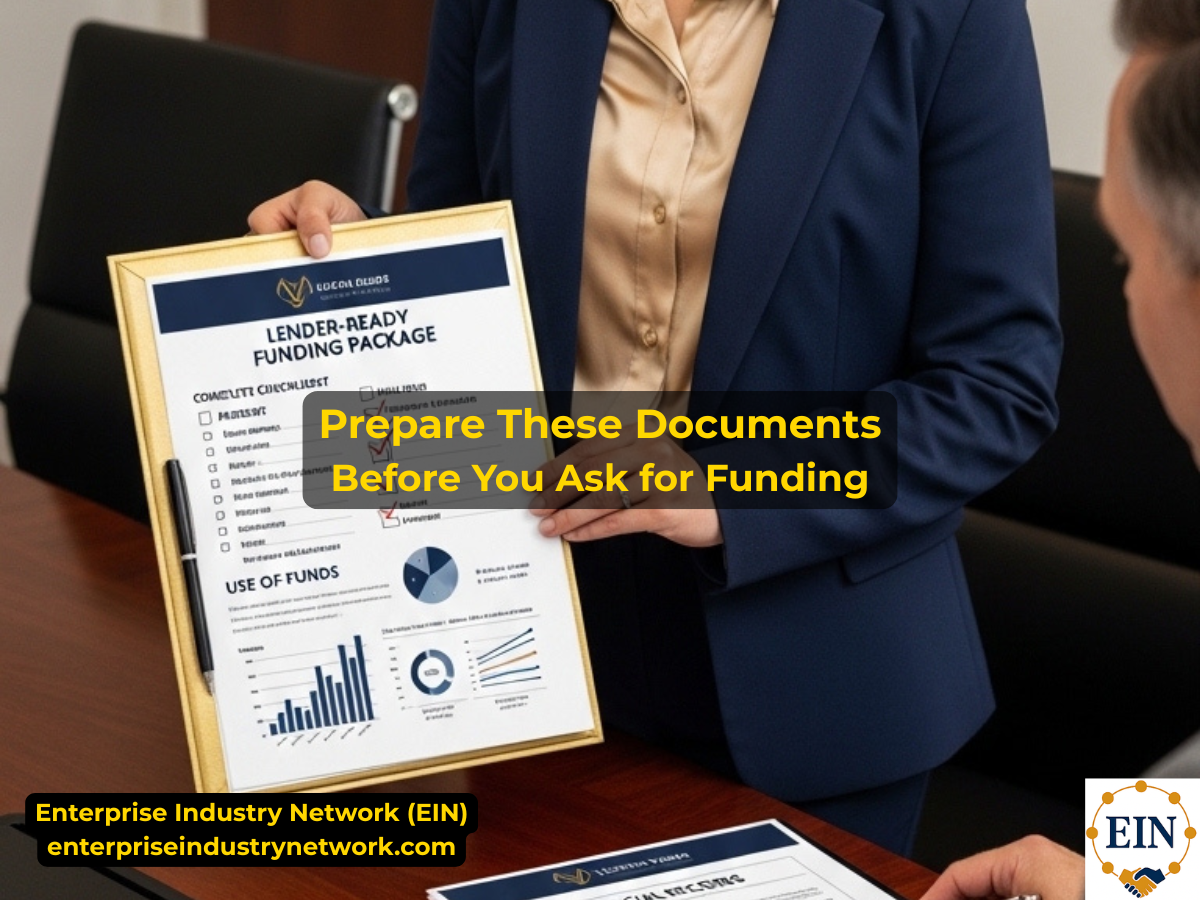 Business funding documents checklist showing the financial statements, bank statements, tax records, debt information, and supporting documents owners may prepare before applying.