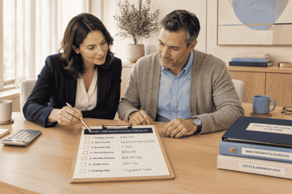 Business owner reviewing pre-qualification information before completing a full funding application