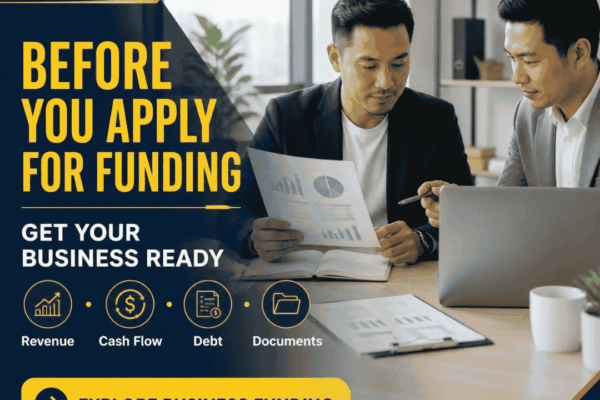 EIN Business Funding graphic encouraging business owners to organize revenue, cash flow, debt and financial documents before applying for funding.