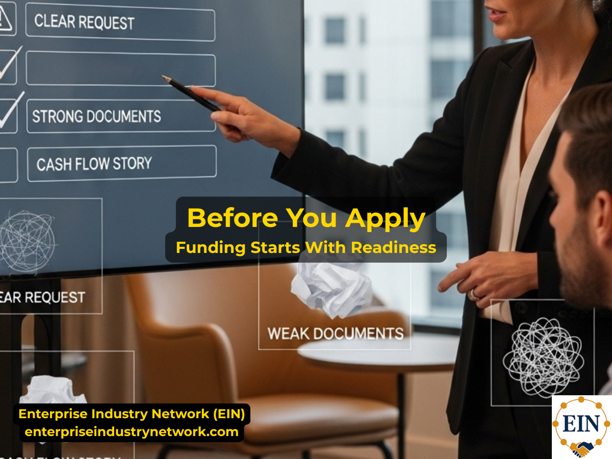Business funding readiness checklist explaining what business owners should prepare before applying for financing, including funding amount, use of funds, cash flow, revenue, bank statements, and financial records.