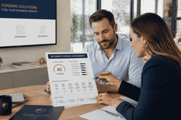 Business owner comparing credit revenue time in business and cash flow against funding benchmarks