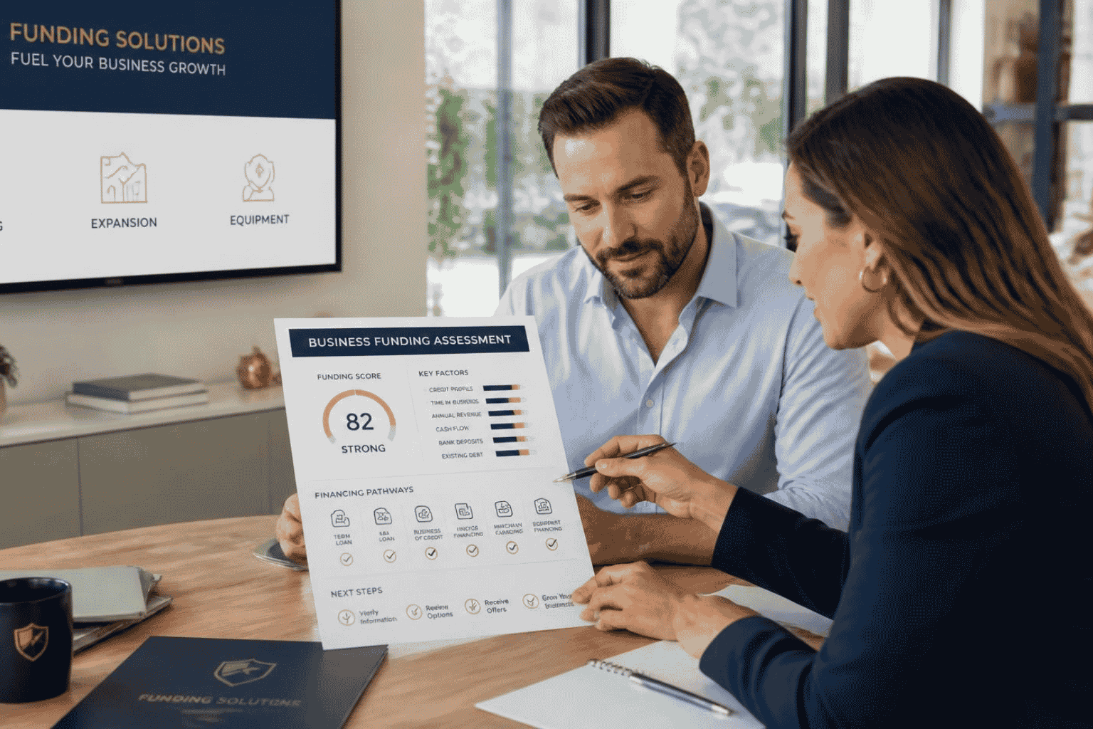 Business owner comparing credit revenue time in business and cash flow against funding benchmarks