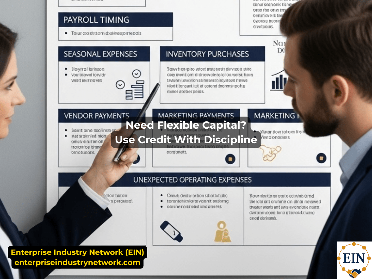 Business line of credit for short-term cash-flow needs such as payroll, inventory, vendor payments, seasonal expenses, and working capital.