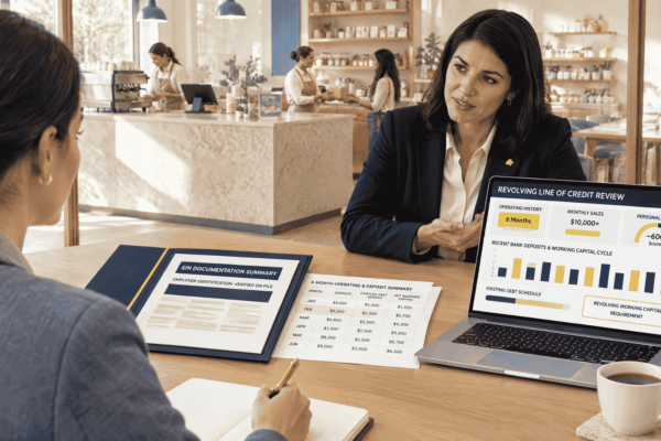 Business owner reviewing a line of credit with EIN monthly sales credit and bank deposits