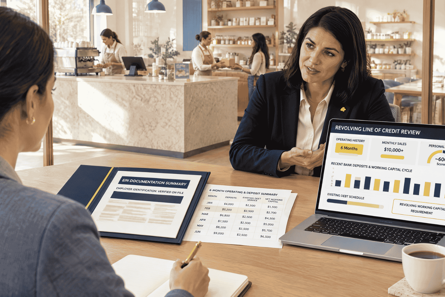 Business owner reviewing a line of credit with EIN monthly sales credit and bank deposits