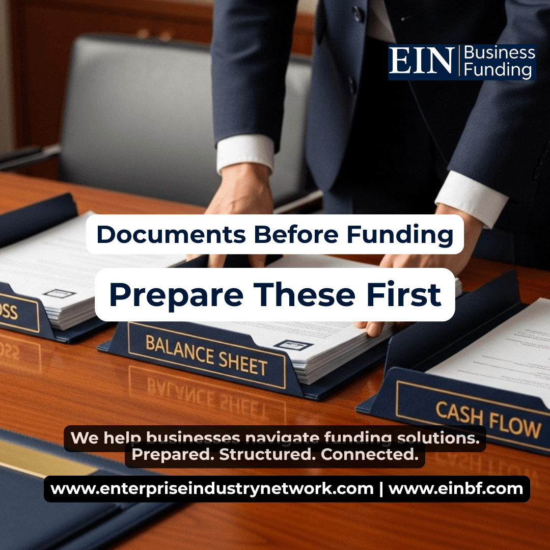 Business loan documentation requirements showing bank statements, financial statements, tax records, debt schedules, ownership documents, projections, and use-of-funds information prepared for lender review.