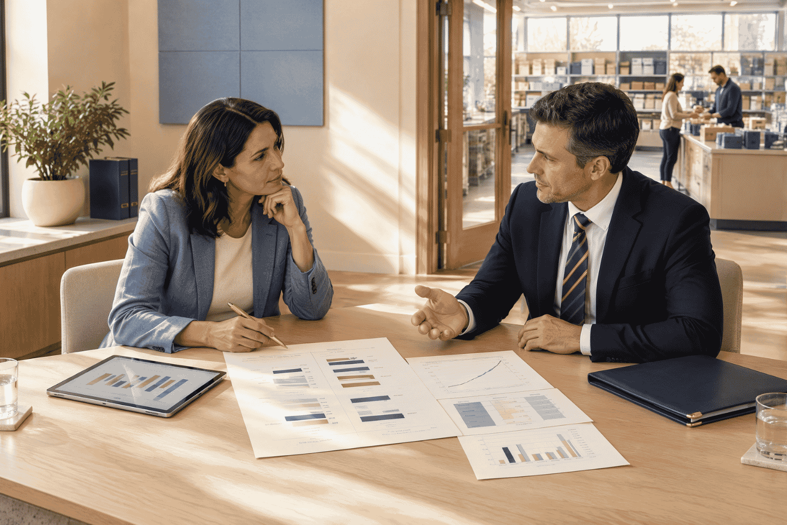 Business owner comparing cash reserves with a business loan for a major purchase