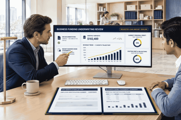 Business owner reviewing an EIN business loan using bank statements deposits revenue and credit information