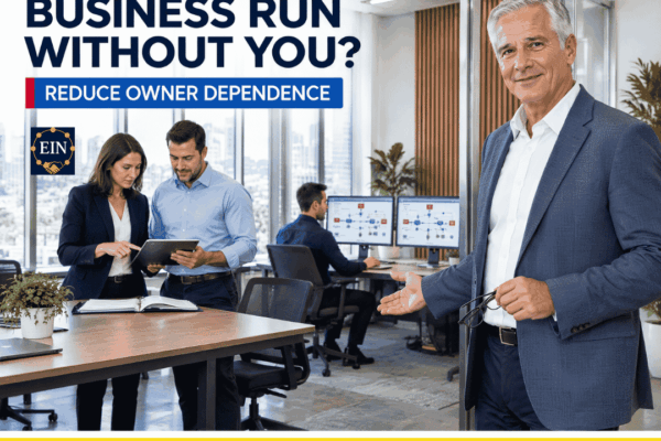 EIN Business Brokers graphic asking whether a business can operate without the owner and highlighting people, systems, customers and processes as exit-readiness factors.