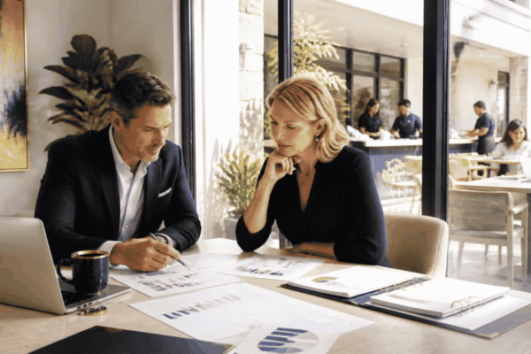 Business owner reviewing working capital after consolidating or restructuring a company location