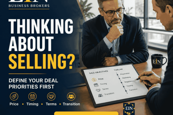 EIN Business Brokers graphic encouraging business owners to define price, timing, deal terms and transition priorities before selling a business.