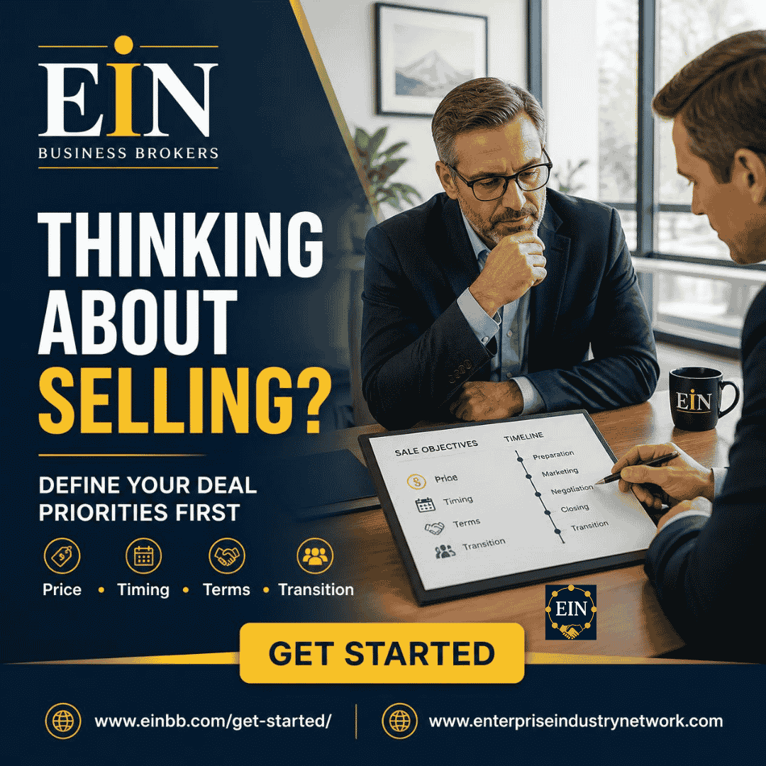 EIN Business Brokers graphic encouraging business owners to define price, timing, deal terms and transition priorities before selling a business.