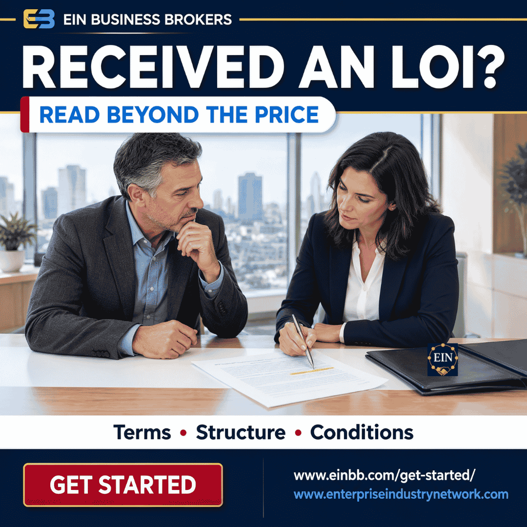 EIN Business Brokers graphic encouraging business sellers to review price, structure and conditions when evaluating a Letter of Intent from a prospective buyer.