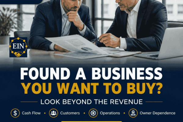 EIN Business Brokers graphic encouraging prospective buyers to look beyond revenue and evaluate cash flow, customers, operations and owner dependence before buying a business.