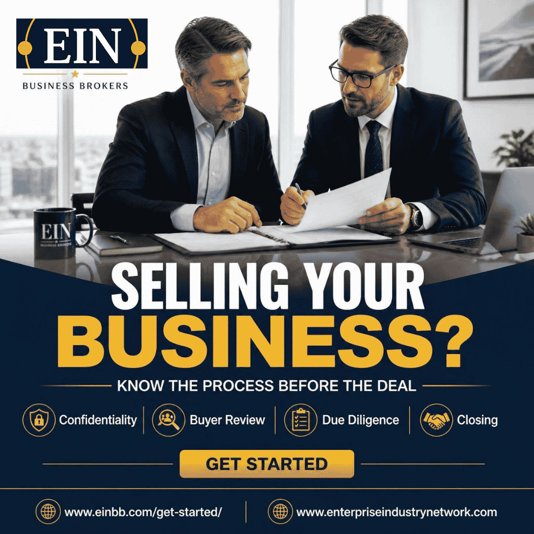 EIN Business Brokers graphic highlighting confidentiality, buyer review, due diligence and closing in the business sale process.