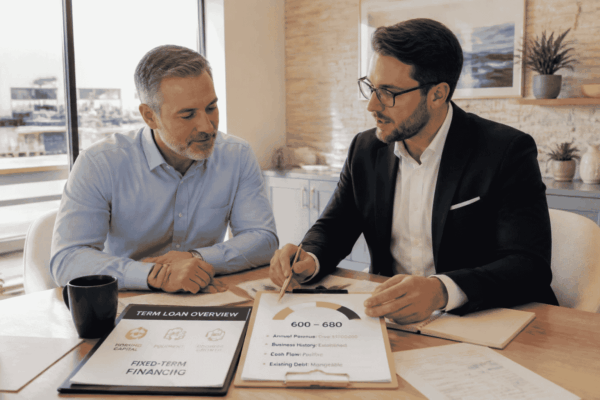 Business owner reviewing term loan qualification with 600 to 680 credit and business revenue