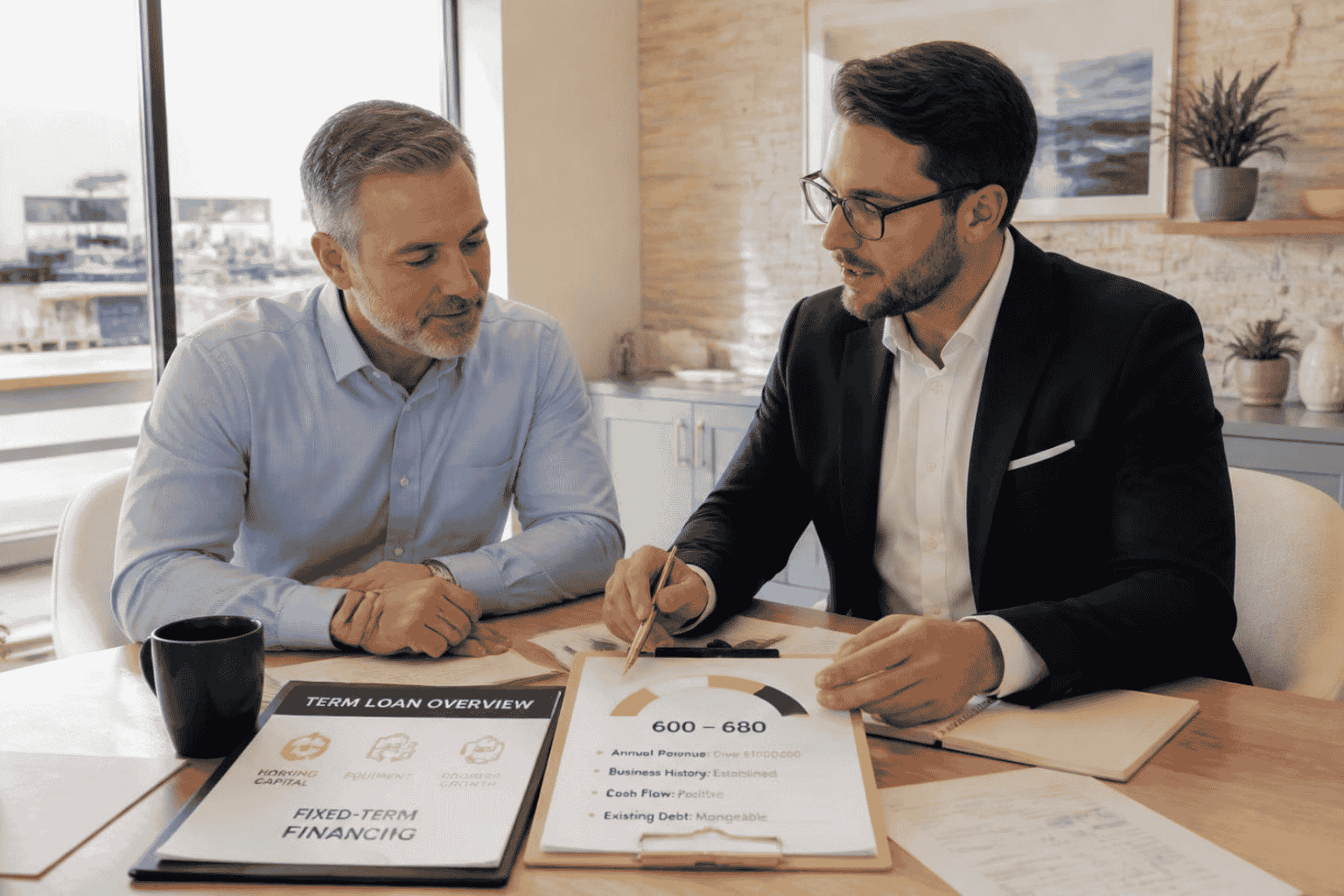 Business owner reviewing term loan qualification with 600 to 680 credit and business revenue