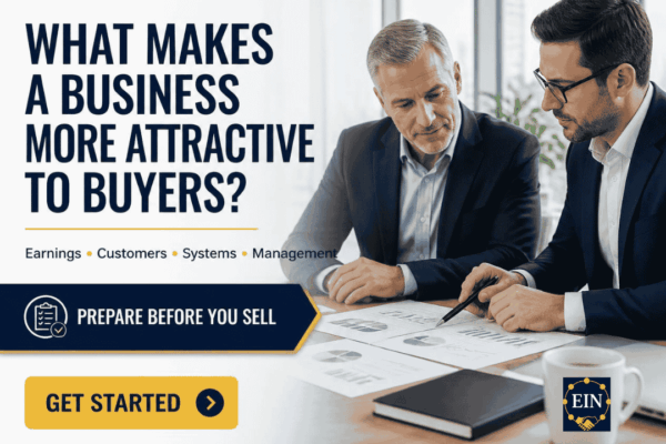 EIN Business Brokers graphic highlighting earnings, customers, operating systems and management as factors buyers may consider when evaluating a business.
