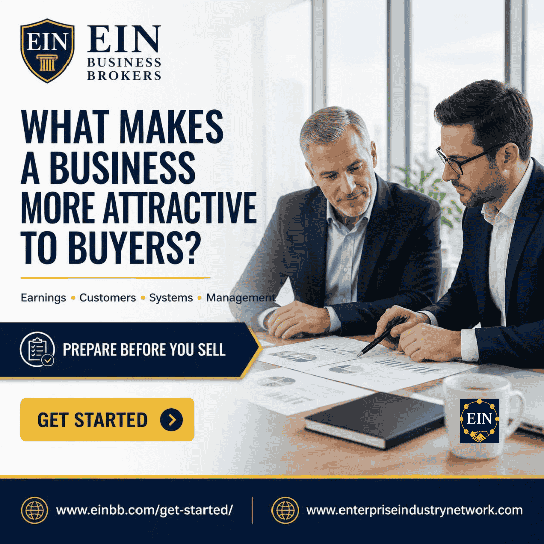 EIN Business Brokers graphic highlighting earnings, customers, operating systems and management as factors buyers may consider when evaluating a business.