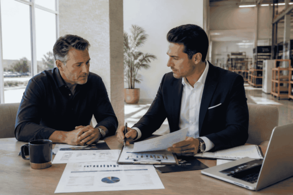 Business owner reviewing commercial real estate financing and business credit requirements
