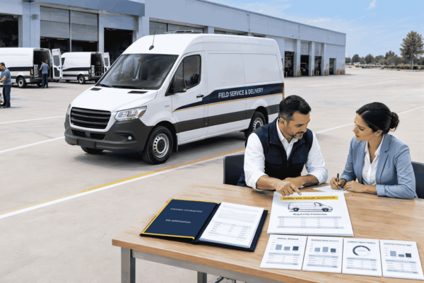 Delivery business owner reviewing cargo van financing with EIN revenue credit and existing vehicle debt