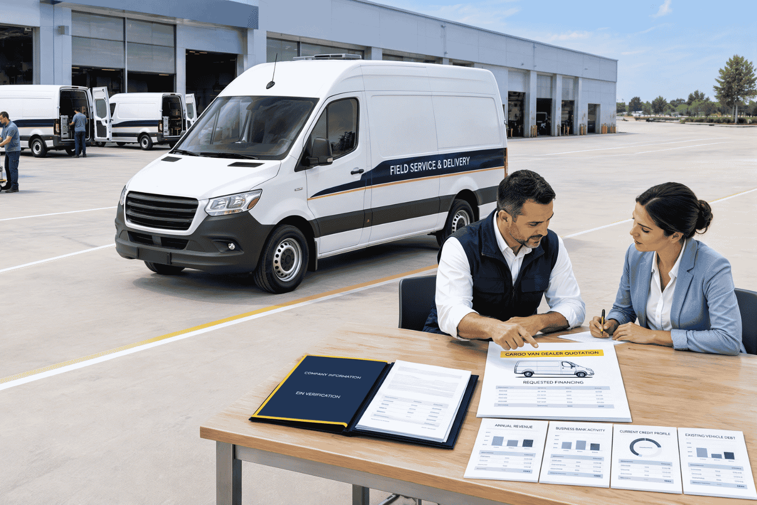 Delivery business owner reviewing cargo van financing with EIN revenue credit and existing vehicle debt