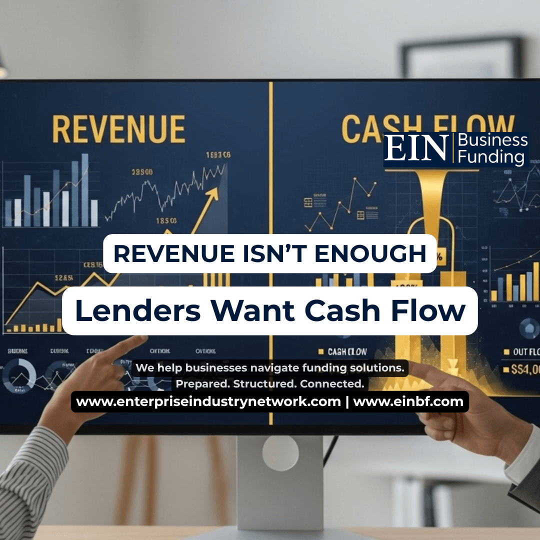 Cash flow vs revenue for business funding, explaining why lenders may review cash flow, margins, debt, bank activity, receivables, and repayment capacity beyond top-line sales.